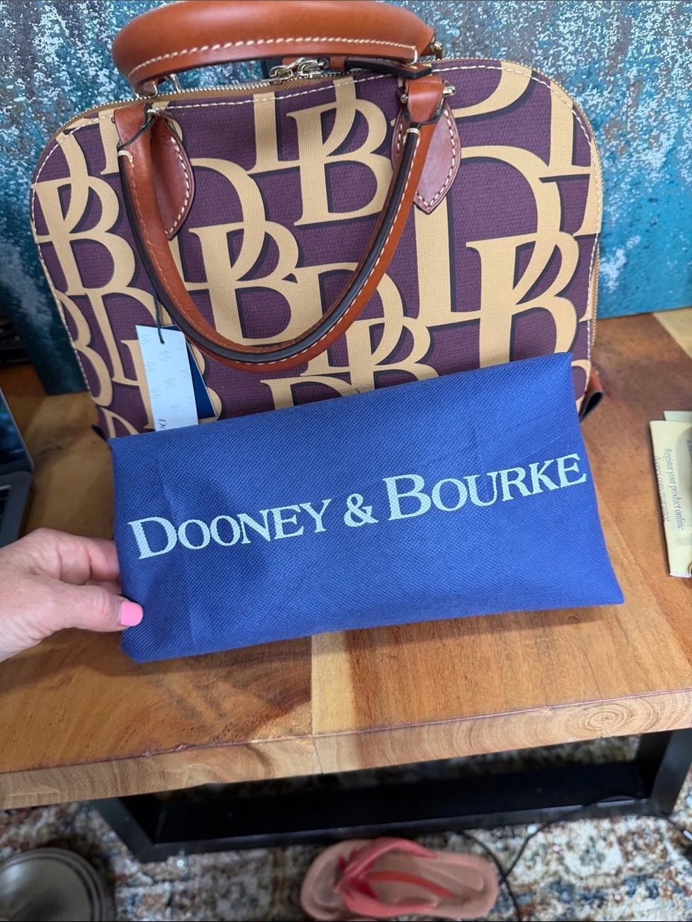 Dooney & Bourke Preppy Plum & British Tan DB Monogram Domed Satchel‎ NWT